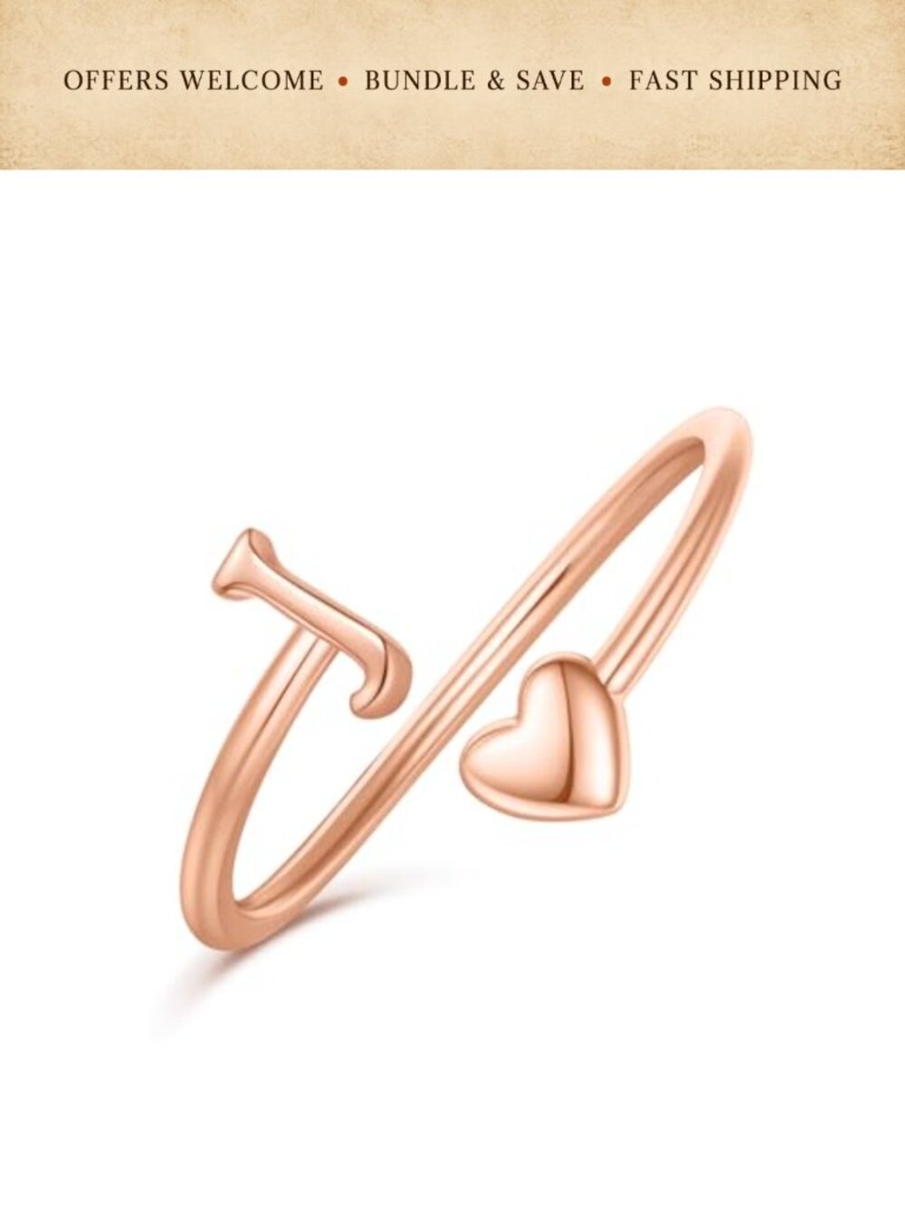 14K Gold Plated Heart Initial Ring Adjustable Stackable